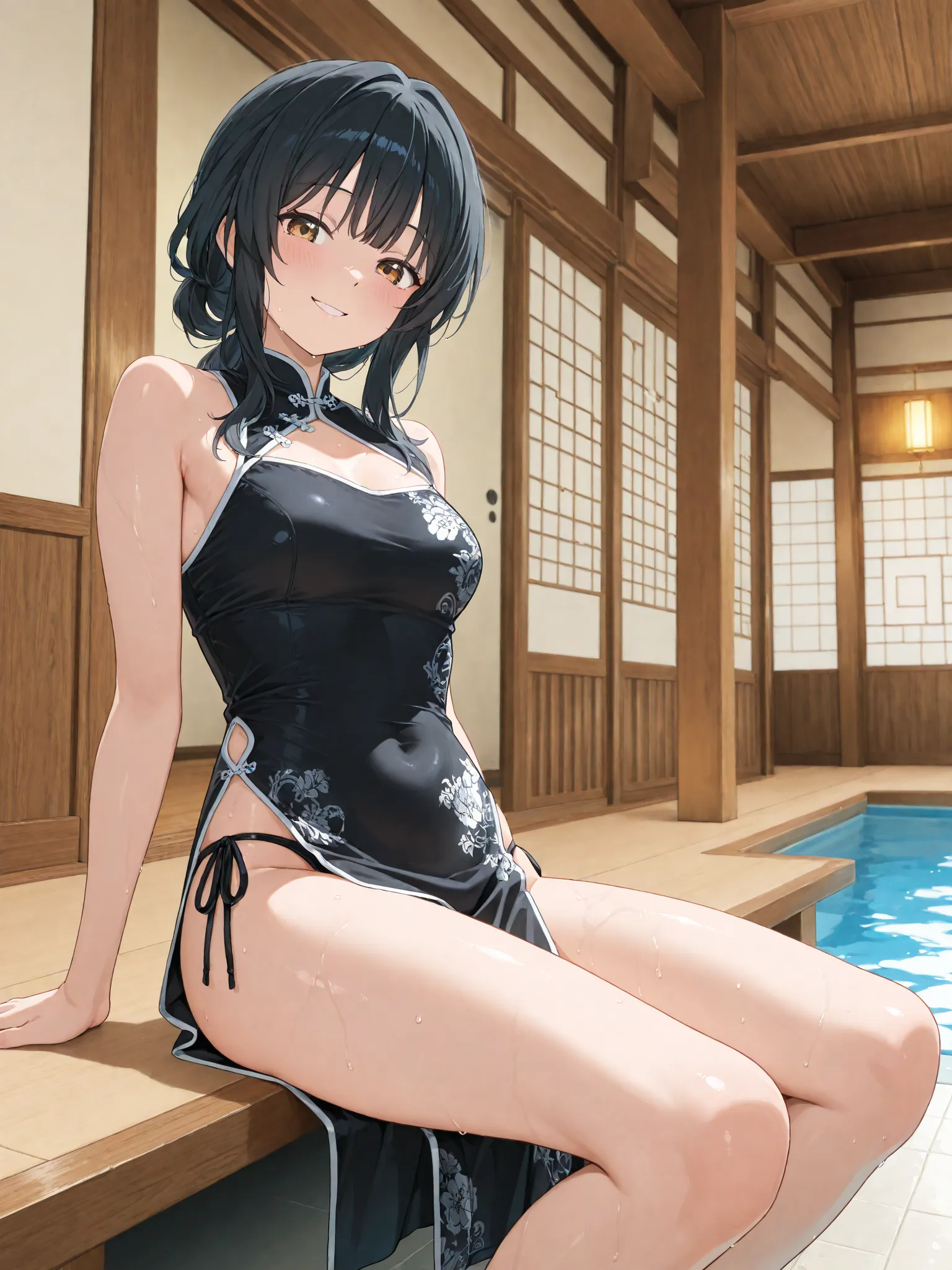 Wanren with long black hair,smooth hair,white china dress,black bikinis at the pool,nostalgic smile, Japanese-style room in a Japanese house, exercise sitting,black bikinis at the poolが見えている