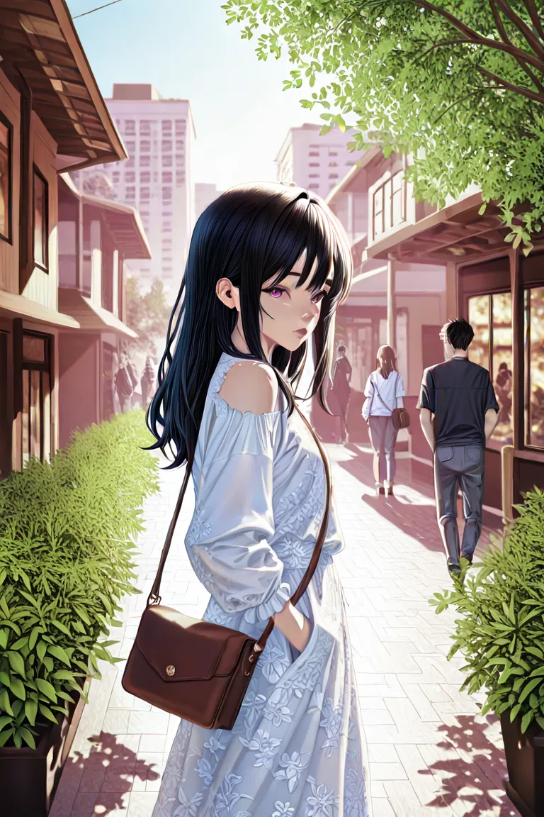 "An ultra-realistic 4K digital illustration of a young man with short black hair, wearing a loose white shirt with red and blue stripes on the sleeves, standing in a lush city park. He carries a white shoulder bag and has his hands in his pockets while gaz...