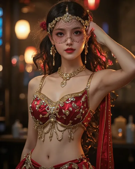 Young Beautiful japanese Woman, Sexy Belly Dancer,Gorgeous belly dance costumes, Face Veil to Hide the Lower Half of Your Face , golden accessory, brown eyes, half-closed eyes:1.3, glossy lips, big breasts, Shadowed face, bewitching smile,Seductive gestur...