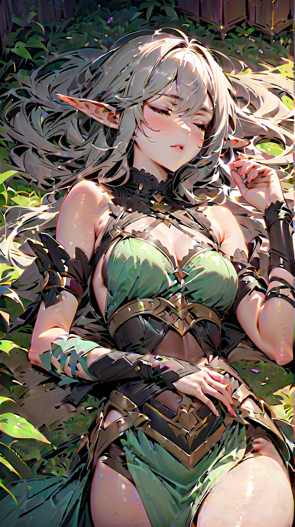 (masterpiece) (detailed) female elf warrior, sleeping