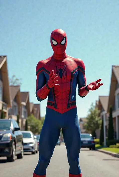 Here's a prompt to generate a similar image:

**Prompt:**  
"A masked hero in a tight red and blue suit, with a spider emblem on his chest, is in the middle of a suburban street. he has his hands raised, as if trying to stop something or reacting to an une...