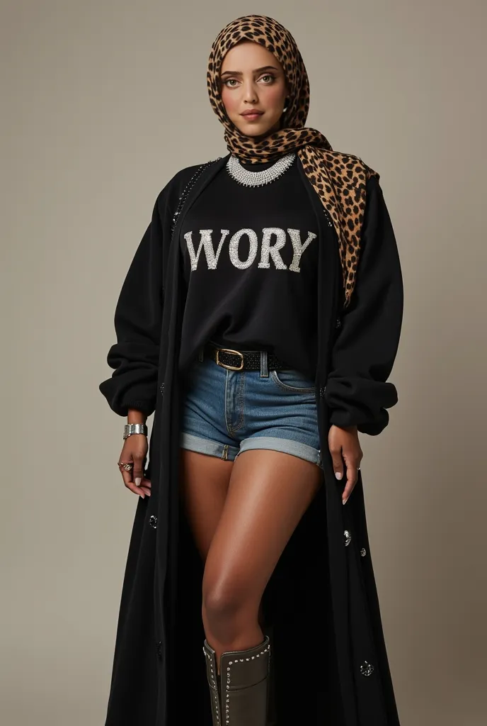 A striking woman with a beautifully curvy figure exudes elegance, dressed in a sleek, word-printed woolen puffy turtleneck sweater paired with mid-thigh denim shorts. Over the sweater, she dons a long, flowing black abaya adorned with intricate stone desig...