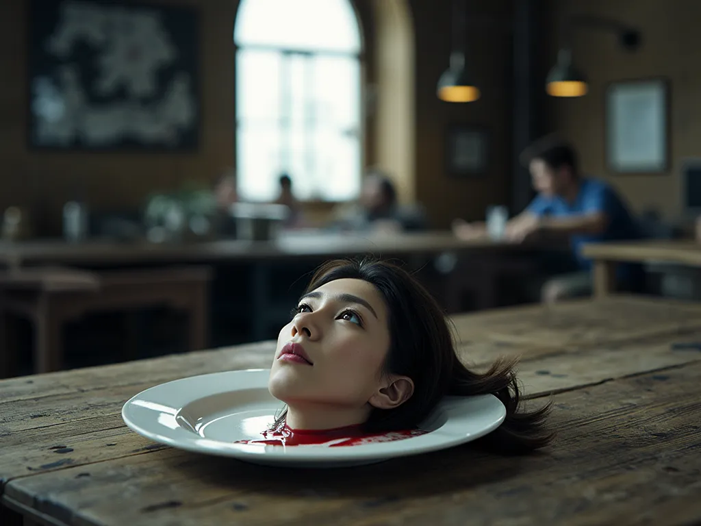 8k quality。Inside the dilapidated factory，There is a dinner plate in the middle of the table of a shabby wooden table，The dinner plate has the head of a sexy and beautiful woman with long hair（Only the head，without a neck，Shoulderless ）， with his eyes clos...