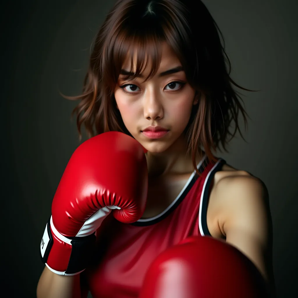 ((best quality, masterpiece: 1.3)), brown bob hair, use boxing jersey and boxing gloves, ((rage facial expression)), pure, wet body, slender body, (front), (tilted head), (moist red lips), sweet, give a jab pose, far shoot camera, open mouth, pleading eyes...