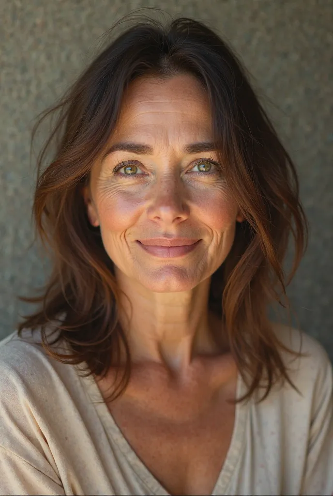 Photo of a 50-year-old woman, brown hair, green eyes , round face, Ordinary appearance