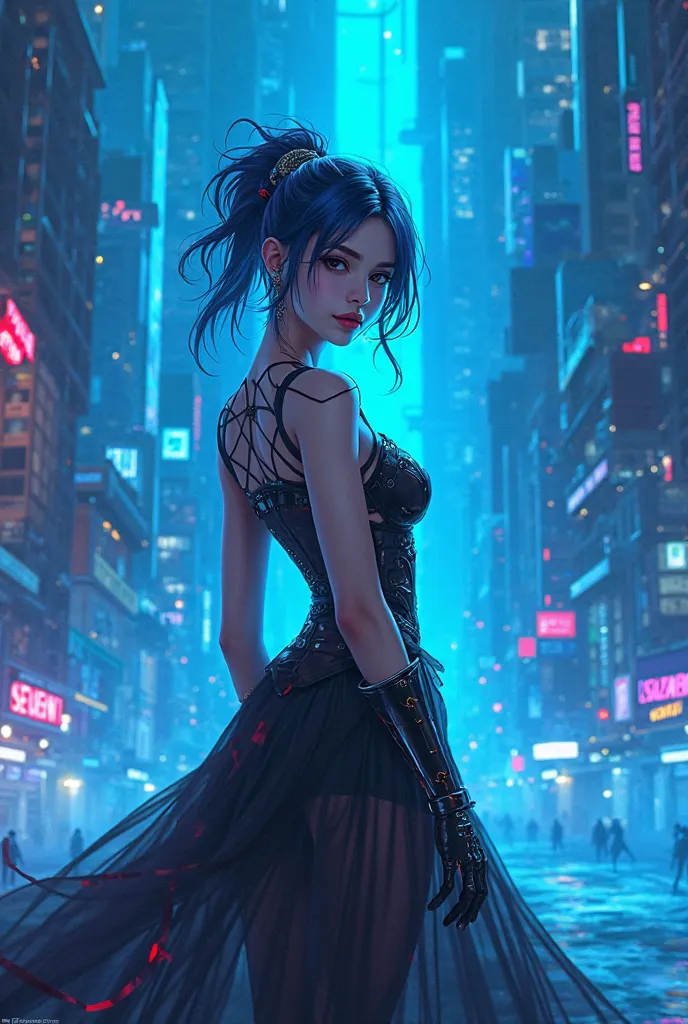 Evelyn zenless zone zero character with a subtle sexiness pose in a bright blue cityscape 