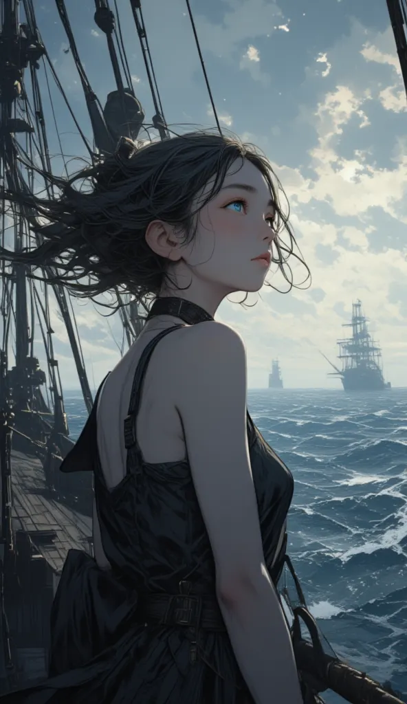 beautiful young girl, type behind, hair fluttering in the wind, hangs on the main mast of a Victorian warship, ship sails in stormy seas and under stormy skies BREAK/young girl sees the horizonmasterpiece, best quality, lighting, High shutter speed, very r...