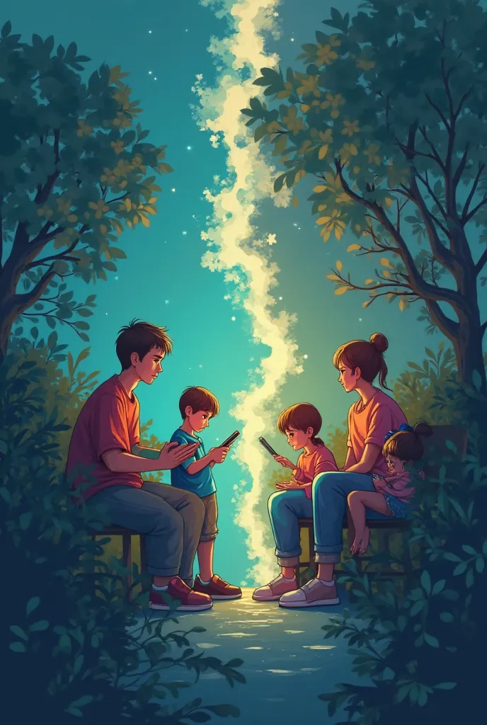 In the style of Tiny Figures divided in half: in the first part, a distant family, everyone is busy with their phone or tablet, and the cool colors of the scene represent the emotional dimension. in the second part, a broken bridge between parents and ren,...