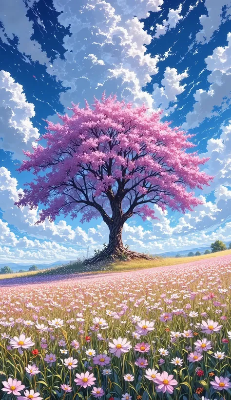 masterpiece of a lone tree in a field, cloudy sky, windy, wildflowers, fantasy, magic, tree roots, high quality, best quality, rtx, 4k, 8k,