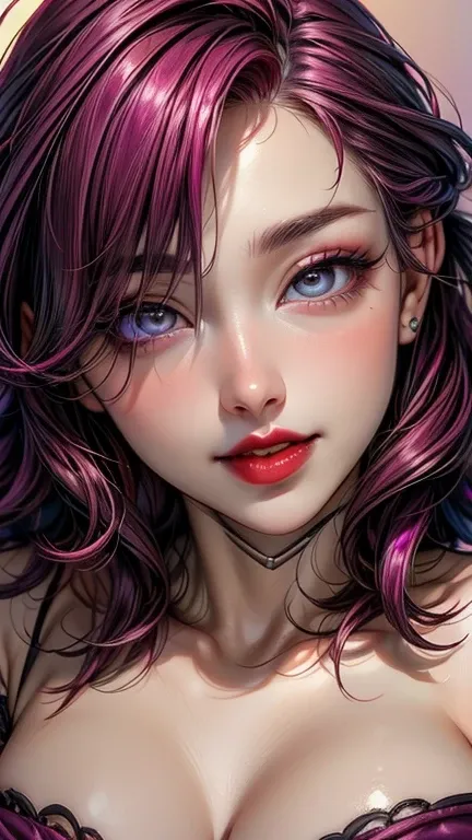 detailed woman face looking at the camera, dark-brown eyes, (((almond eyes))), hot (((thick red lips))), mouth open with sensuality, correct deformed fingers, photorealistic, (((eyes to the camera))) slightly smiling, (((magenta hair)))