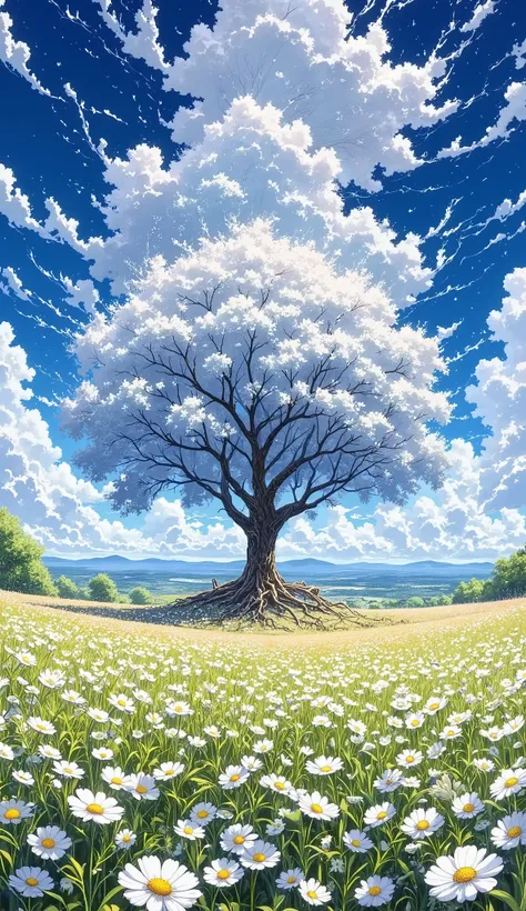masterpiece of a lone tree in a field, cloudy sky, windy, wildflowers, fantasy, magic, tree roots, high quality, best quality, rtx, 4k, 8k,