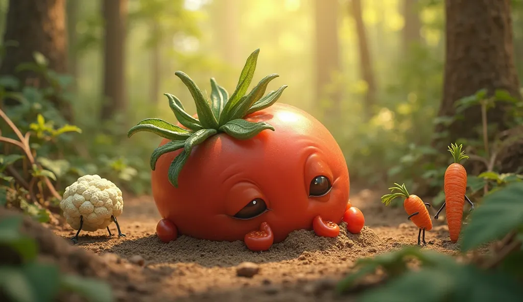 As soon as Tomato rolls onto solid ground, his  wobbles slightly before collapsing onto the soft dirt. His round red skin is covered in dust, and his tiny hands rest on the ground as he takes deep, shaky breaths. His green leaf crown is tilted, almost fall...