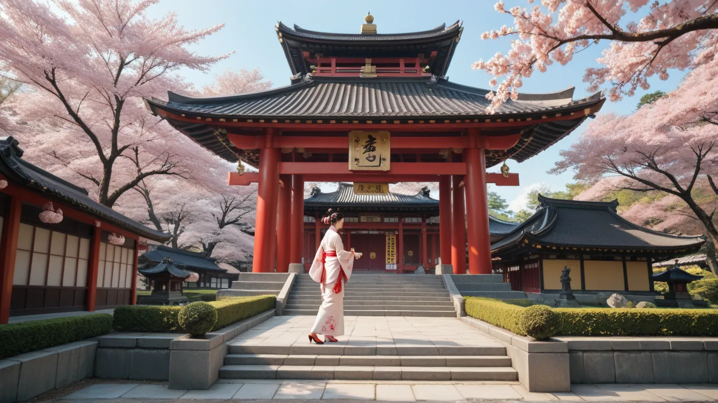 Traditional Japanese ink painting on a wooden temple wall, depicting two samurai exchanging a deep gaze, dressed in elegant kimonos. The background features a golden pagoda and flowing cherry blossoms. Kanji inscriptions express devotion