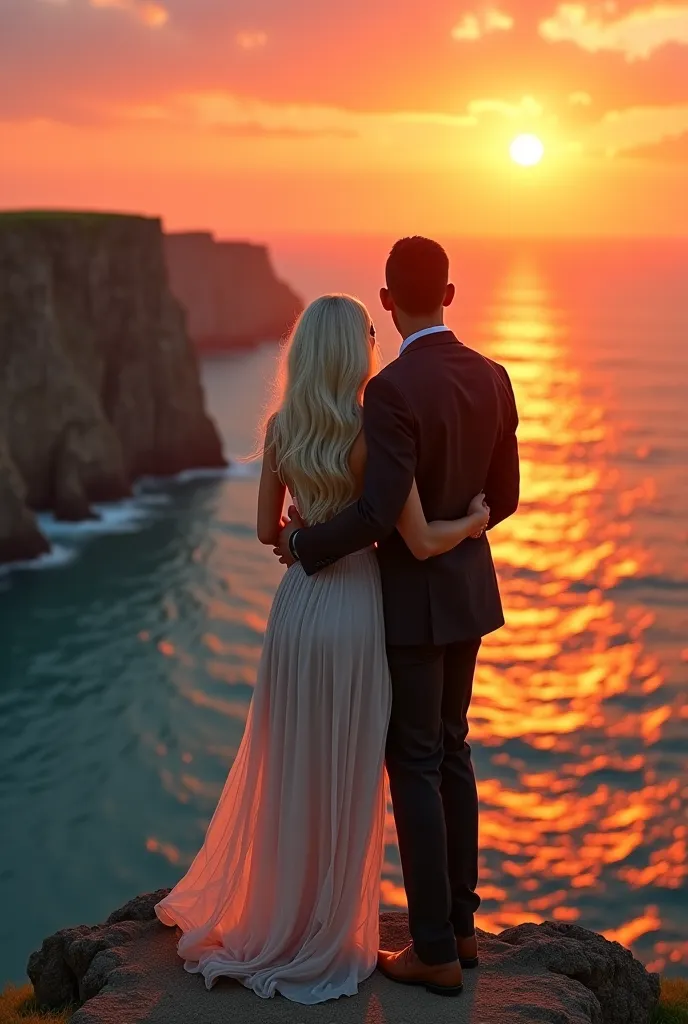 A beautiful Instagram model with long white hair and green eyes, standing on a high cliff above the ocean, wearing a long flowing dress, her black boyfriend standing behind her, arms wrapped around her waist from behind, both facing the endless sea and sun...