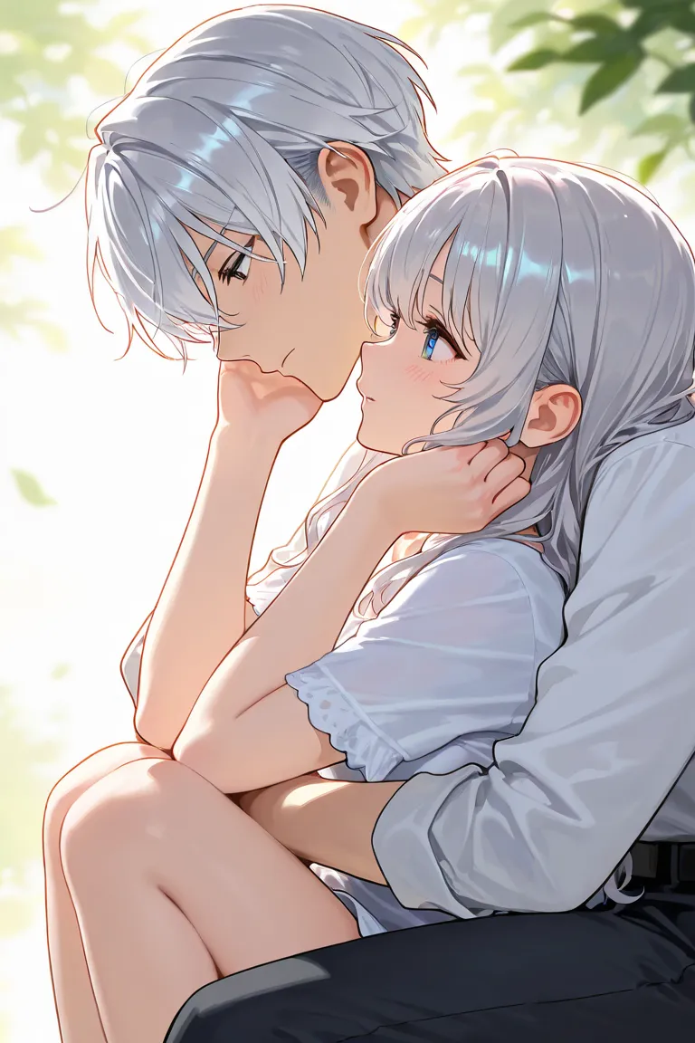 A couple of a girl and a boy with long wavy silver hair