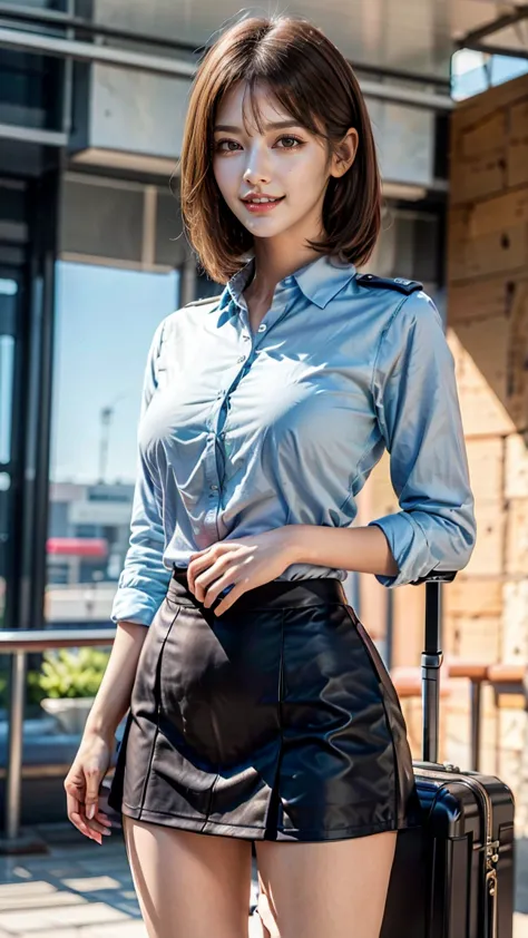 A beautiful, 24-year-old Japanese woman with perfect anatomy, healthy thighs, beautiful legs, beautiful skin, random hair color and style, large breasts, (wearing a flight attendant uniform with a mini-skirt:1.3), (she is standing:1.2), full body shot, pum...