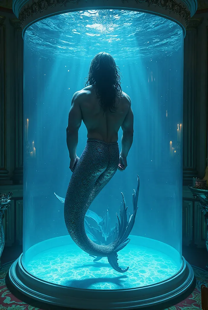 merman with long hair, kept in a tank that has an artificial blue glow, in a grand mansion