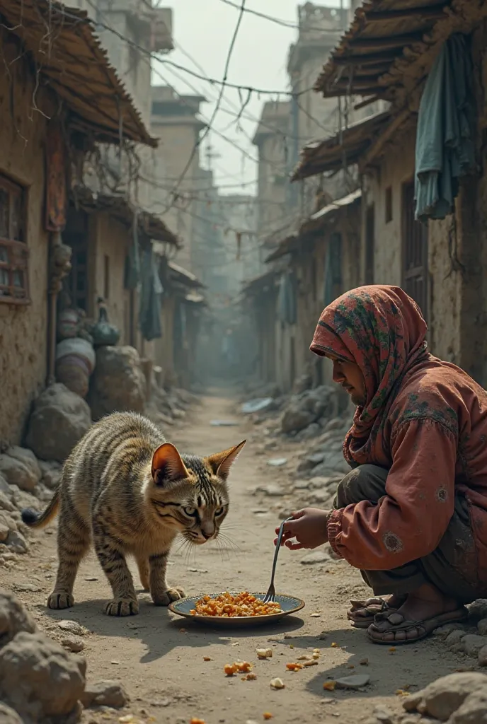 Slum living poor cat which fasting receiving iftar