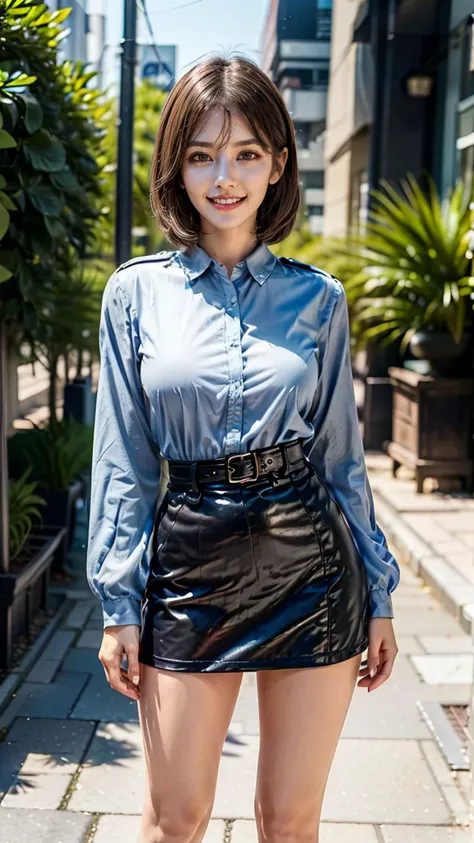 beautiful Japanese woman, 22 years old, perfect anatomy, healthy thighs, beautiful legs, beautiful skin, random hair color, random hairstyle, large breasts, female police officer, (Japanese police uniform:1.3), (miniskirt:1.3), (she is standing:1.2), full ...