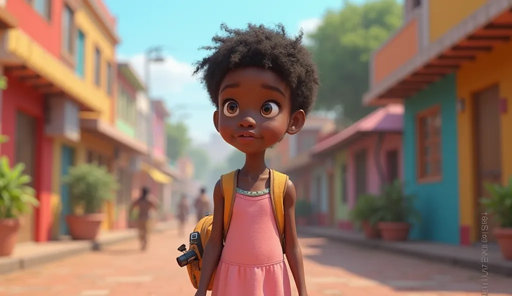 African girl, , wearing a light pink dress, with short hair that is not combed well, she is on the street carrying a backpack, she has a camera on her back, Pixar 3D animation style