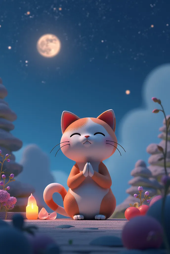 chibi cat praying alone under starry sky, detailed character, cute feline expression, paws together, looking up, twinkling stars, night sky, moonlight, soft lighting, digital painting, concept art style, highly detailed, 8K, masterpiece, photorealistic, HD...