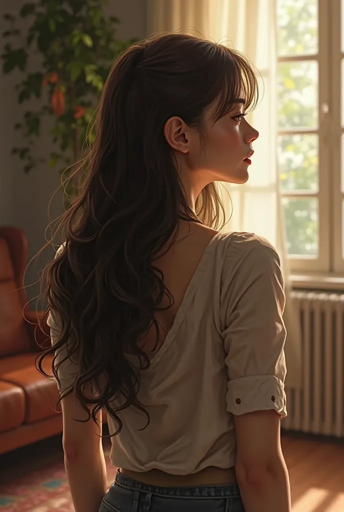 Generate me a realistig pic of a girl where i can't see her face bet i can see only her back and the back of her head make it realistic background the room but her head tilt a bit