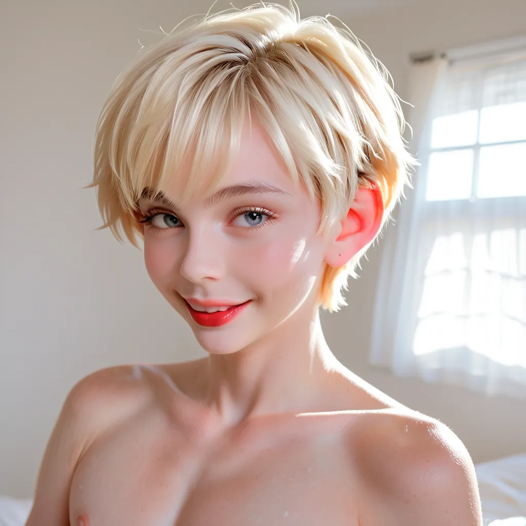 score_9, score_8_up,  photos, 1 femboy, close up portrait of a ((Feminine petite femboy with white skin and blond short hair)),chubby、 beautiful eyes,  Perfect Eyes, In a white room, Direct sunlight, naked,  Sweet Smile, Flat chest、focus on butt, Naked but...