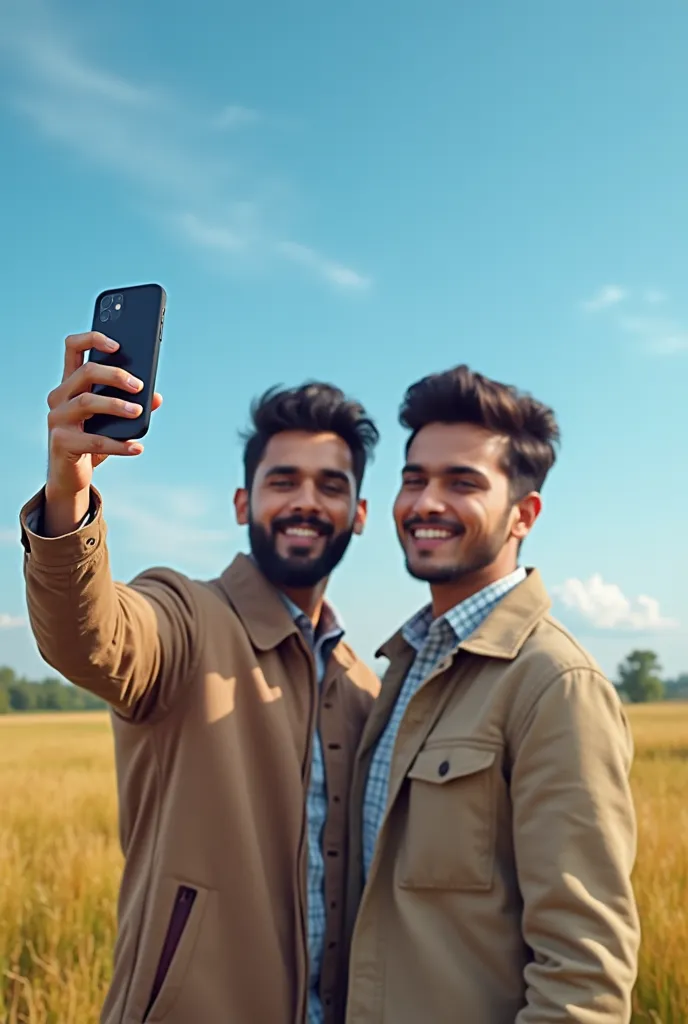 two men taking a selfie in a field with a blue sky, a picture inspired by Saurabh Jethani, tumblr, realism, profile pic, candid picture, selfie photography, portait photo profile picture, very clear picture, with accurate face, very very low quality pictur...