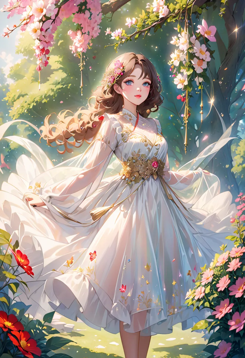  Shiny girly luxury Korean doll sheer dress ,  sparkling skin on the front of the crotch，Enchanting eyes of detail， Fluffy wavy hair hanging from her waist ，perfect makeup，Delicate rosy cheeks ，bright pink lips，Graceful posture，surrounded by a magical gard...