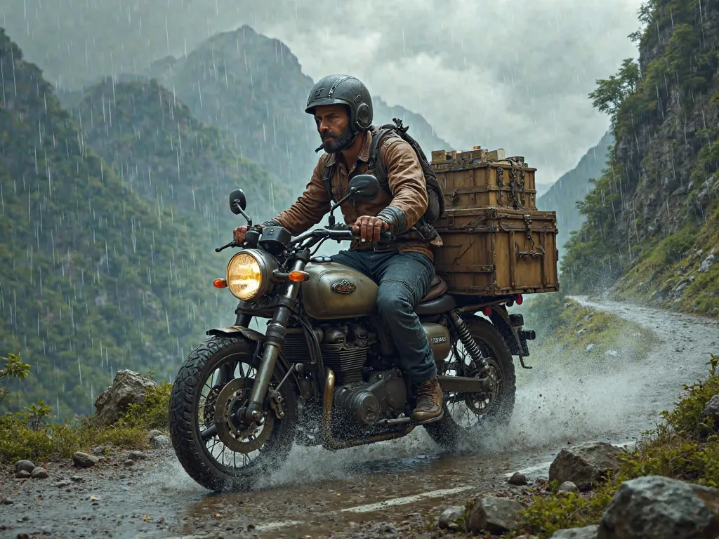 Biker and his motorcycle with a trunk to carry merchandise climbing the mountain with a lot of rain