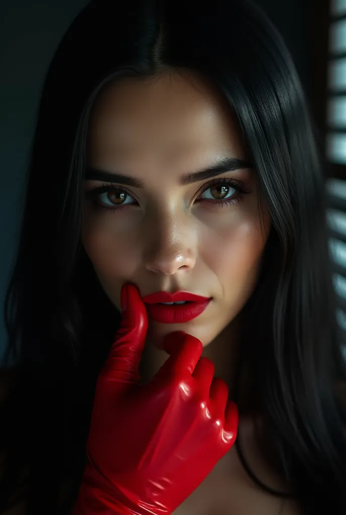 Close-up image of a full European woman with slightly half-open red lips,  dramatic expression , Long and smooth black hairstyle. dynamic pose. The lighting creates a play of light and shade, with the horizontal lines of the window blinds across her face, ...