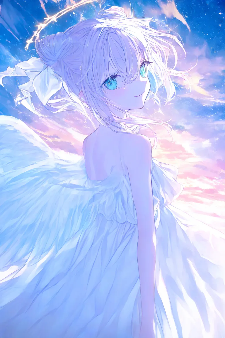 Soft Line, Alone,best quality, beautiful, abusseur dress, girl, angel, a puppy, solo, girl1人, happy, neutral, standing, viewers, look to the side, semi-long, ピンク色の髪, light blue eyes,  Aqua Eyes, Eyes open, pale skin, , hair bow, with angel wings on back, ,...