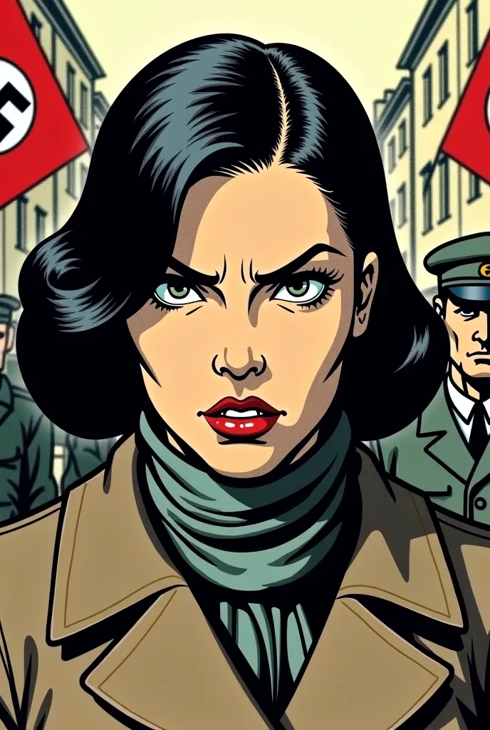 Same character as before: The young woman (Character 2) with shoulder-length dark hair, wearing a modest wool coat and a scarf, in a vintage comic book style. Now, the focus is on her face, capturing an intense close-up as she looks angry and determined. H...