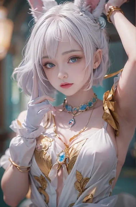  28 years old , Close-up portrait of a woman in a colorful clown costume、Release the shoulder、thin、serious expression、short hair、Deadly position, gorgeous necklace in the marble lobby, thin乳白色の陶器のような肌,  smooth, crystal clear white skin, charming anime girl...