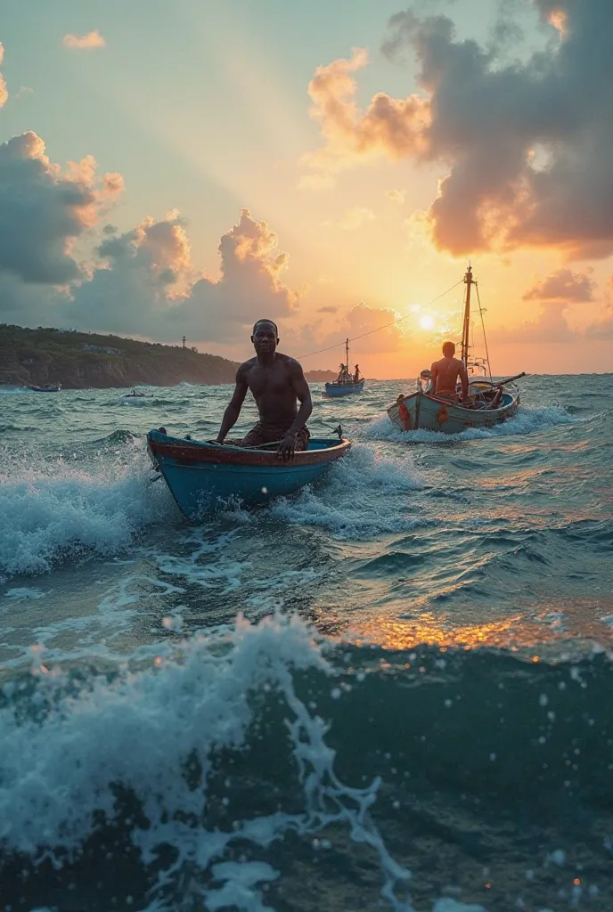 Images of fishermen in different fishing boats on the high sea. Heavy waves and strong wind. The images should be realistic African images. The setting is late evening and the scenery African. The images should be very captivating.