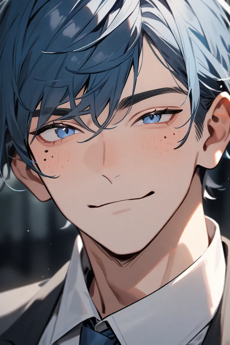 Make an image of a boy with blue hair and blue eyes, with mole under his left eye and dimples