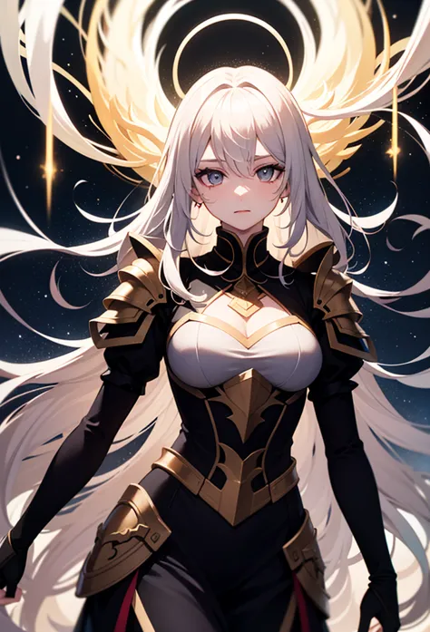 A white-haired, long-haired girl ,  wearing armor, her eyes are red, she is beautiful, It is floating and emanating auras behind, she is a goddess