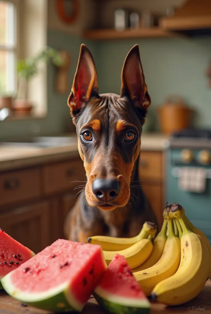 Picture of a Doberman with watermelon and bananas in front of him, getting ready to eat in some vintage kitchen. Doberman je braon boje, of uncupped eels. Tople boje, bright image. 