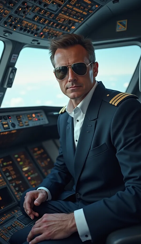 Airplane pilot in cockpit wearing ray-Ban sunglasses