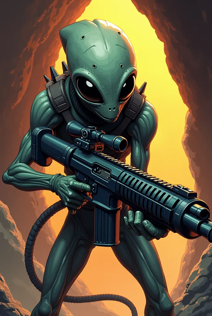  a graphic  illustration style of an  alien   with a large dart launching rifle like weapon . dynamic lighting   . black eyes   . very graphic simple art style in a cave 