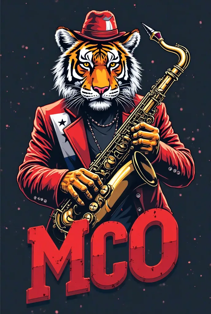 A Logo for a Music Band of a tiger with a saxophone in his hand called MCO Marching Band saxophones and the letters must be wine red and wear the tiger wearing clothes of the Red Wine Band and the Panamanian flag on his shoulder with a Kepy on his head 