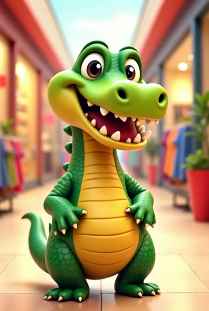 
Create an image of an adorable crocodile in cartoon style, that must be standing in a vibrant and lively shopping mall interior. The crocodile must have the following characteristics:
1. **Shape and Color:**
   - Rounded and cute body.
   - Vibrant green ...