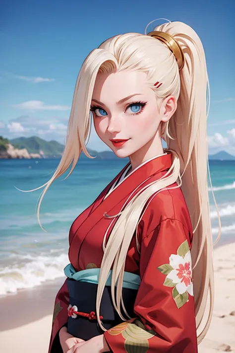 Ino Yamanaka, from the anime Naruto , red kimono, white long hair, blue eyes, beach, 1 girl, adult women, red lips, beautiful face, beautiful body, sexy girl, sexy kimono, smile on face