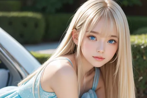 Portrait、very white high school girl、Young, white, shiny skin 、Best Looks、Blonde Reflected Light 、 Platinum Blonde Hair with Dazzling Highlights 、 shiny bright hair 、 super long straight hair 、Shiny, beautiful bangs、Sparkling, crystal clear, attractive, la...