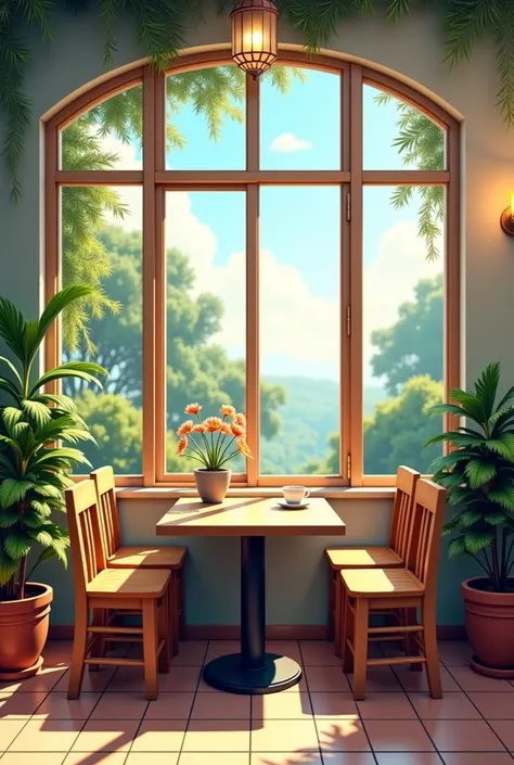 Cafe, coffee table and large window, Indoor Background Art