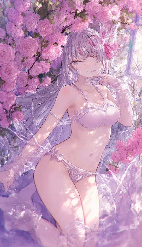 anime - style image of a beautiful, tall, and slim woman in a white lingerie laying in a garden of flowers, loli in dress, top rated on pixiv, cute anime waifu in a nice dress , white dress!! of long silver hair mixed with pink, anime moe artstyle, trendin...