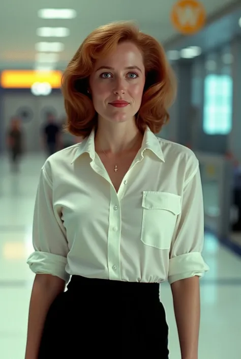 a realistic photo of Gillian Anderson as Dana Scully, featuring a beautifully detailed face with captivating eyes and a serene expression, The image showcases her natural beauty, focusing on her flawless skin and delicate features, The lighting enhances he...