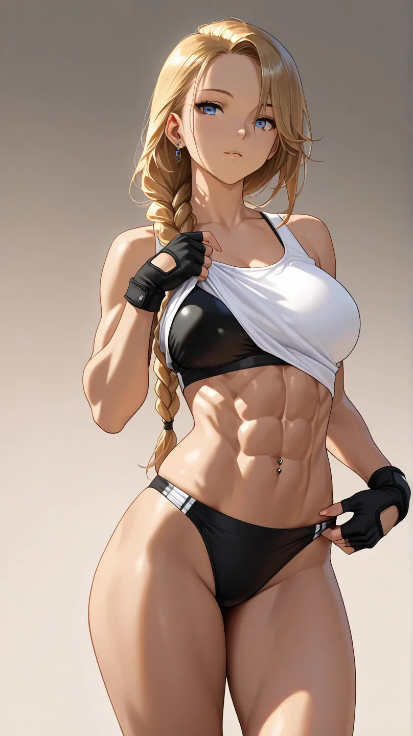 (masterpiece, best quality, ultra-detailed), anime-style, highly detailed illustration, athletic and curvy woman, toned abs, soft and smooth skin, large bust, long dark braided hair with golden hair ties, piercing blue eyes, confident and alluring expressi...