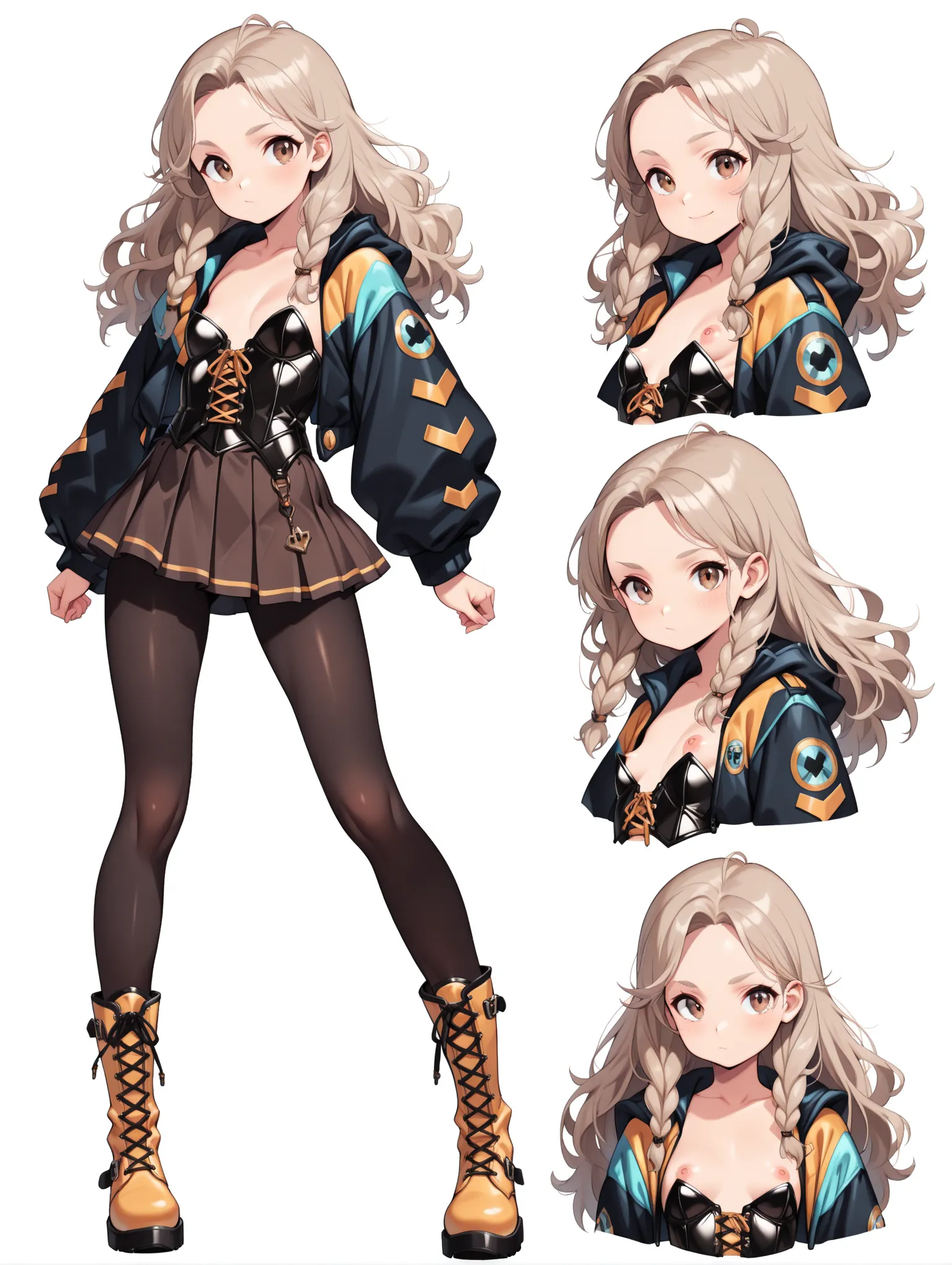 (loli:1.2), brown eyes,tareme, light brown hair,long hair,side braids,curly hair,bustier,two-sided jacket, brown microskirt, pleated skirt,black pantyhose, lace-up boots, Score_9,Score_8_Up,Score_7_up,(Source_Anime),(masterpiece, best quality, very aesthet...