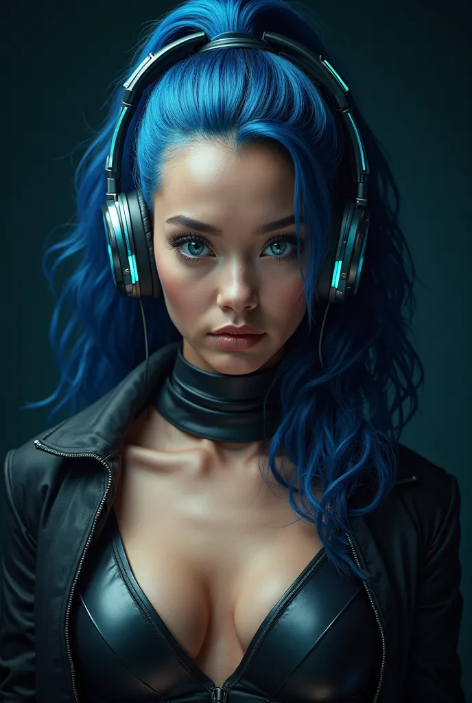 A hyper-realistic cinematic portrait of Hygeia, a stunning and athletic woman, with deep blue hair tied in a tall ponytail, penetrating blue eyes and flawless, radiant skin. She wears sophisticated and modern headphones, conveying an air of technology and ...